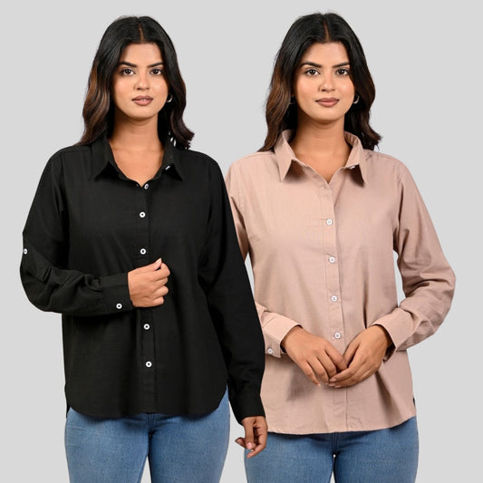 Women Black And Peach Solid Airy Linen Cotton Shirts Combo