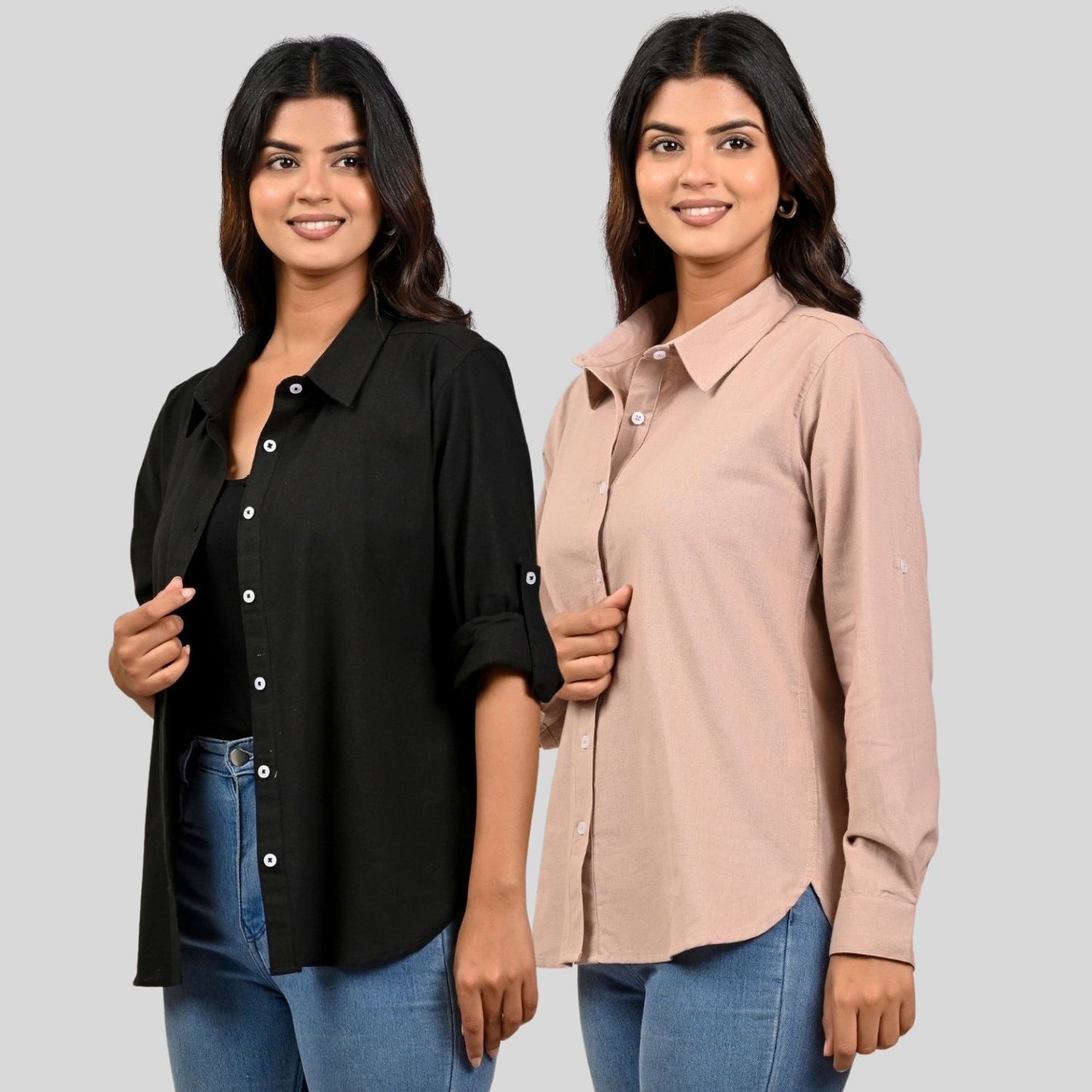 Women Black And Peach Solid Airy Linen Cotton Shirts Combo