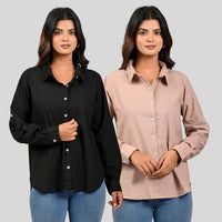 Women Black And Peach Solid Airy Linen Cotton Shirts Combo