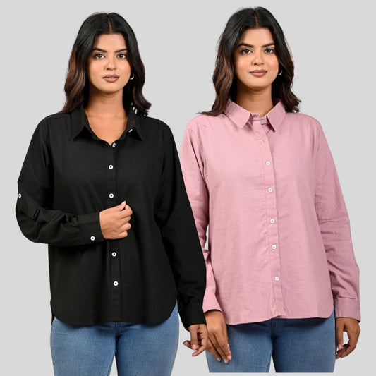 Women Black And Pink Solid Airy Linen Cotton Shirts Combo