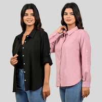 Women Black And Pink Solid Airy Linen Cotton Shirts Combo