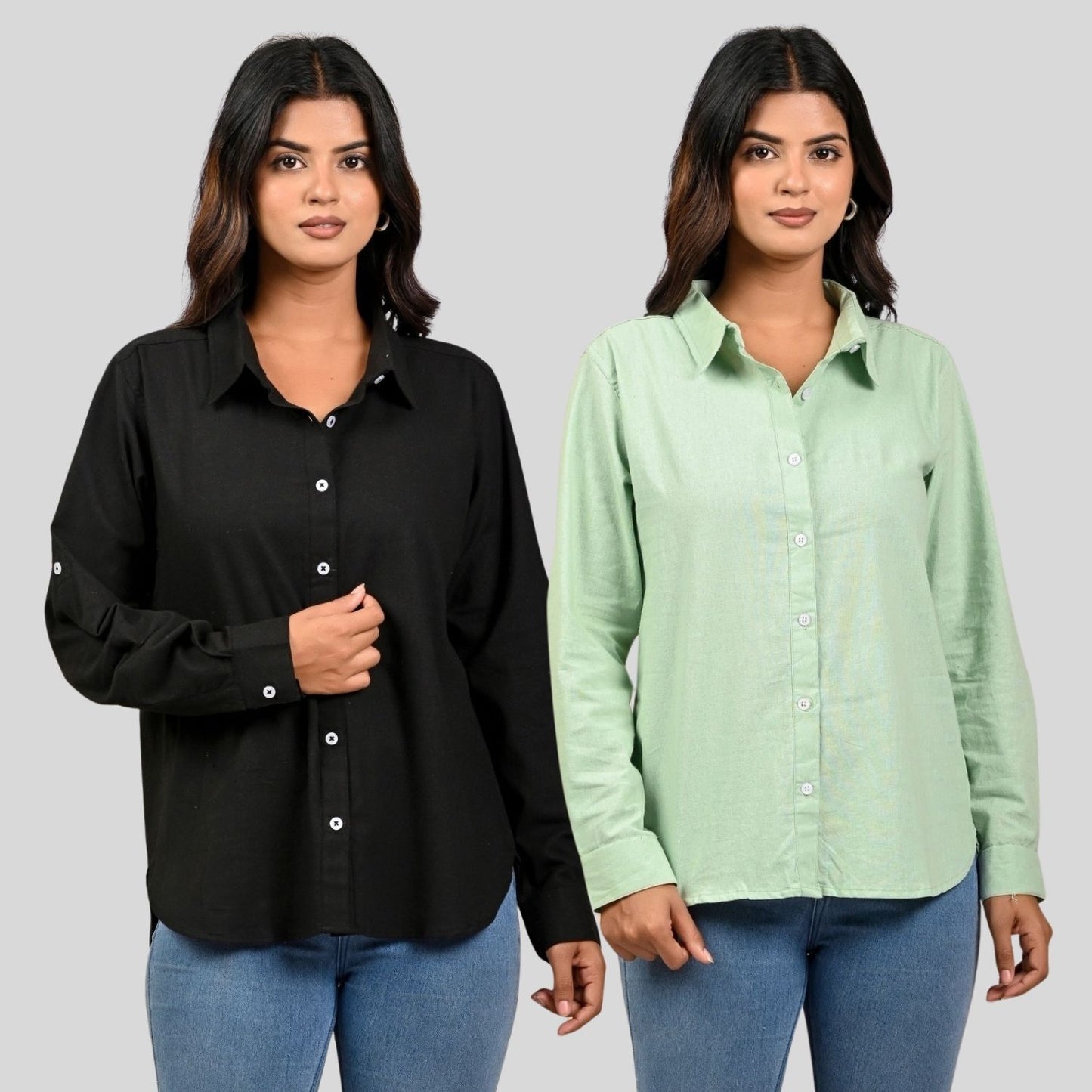 Women Black And Pista Green Solid Airy Linen Cotton Shirts Combo