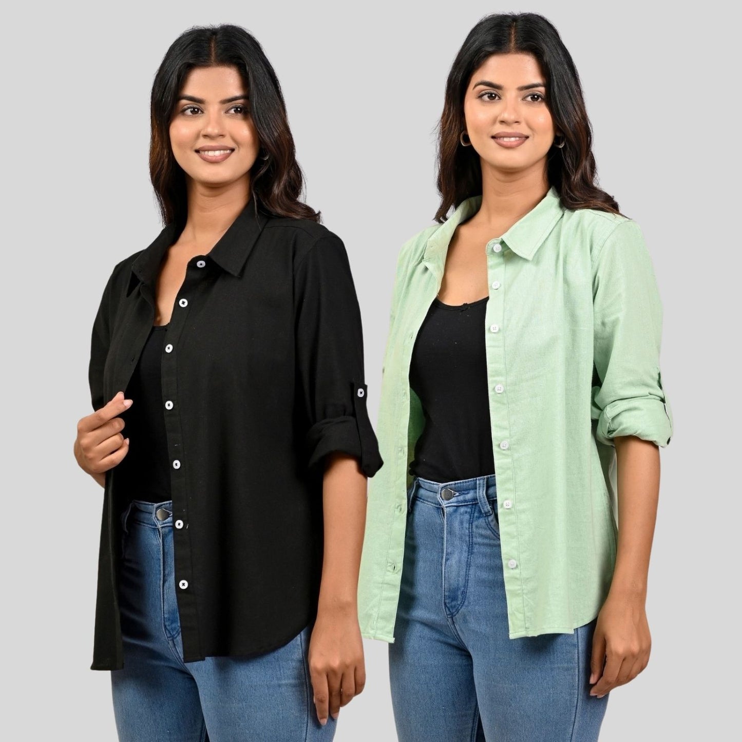 Women Black And Pista Green Solid Airy Linen Cotton Shirts Combo