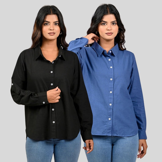 Women Black And Teal Blue Solid Airy Linen Cotton Shirts Combo