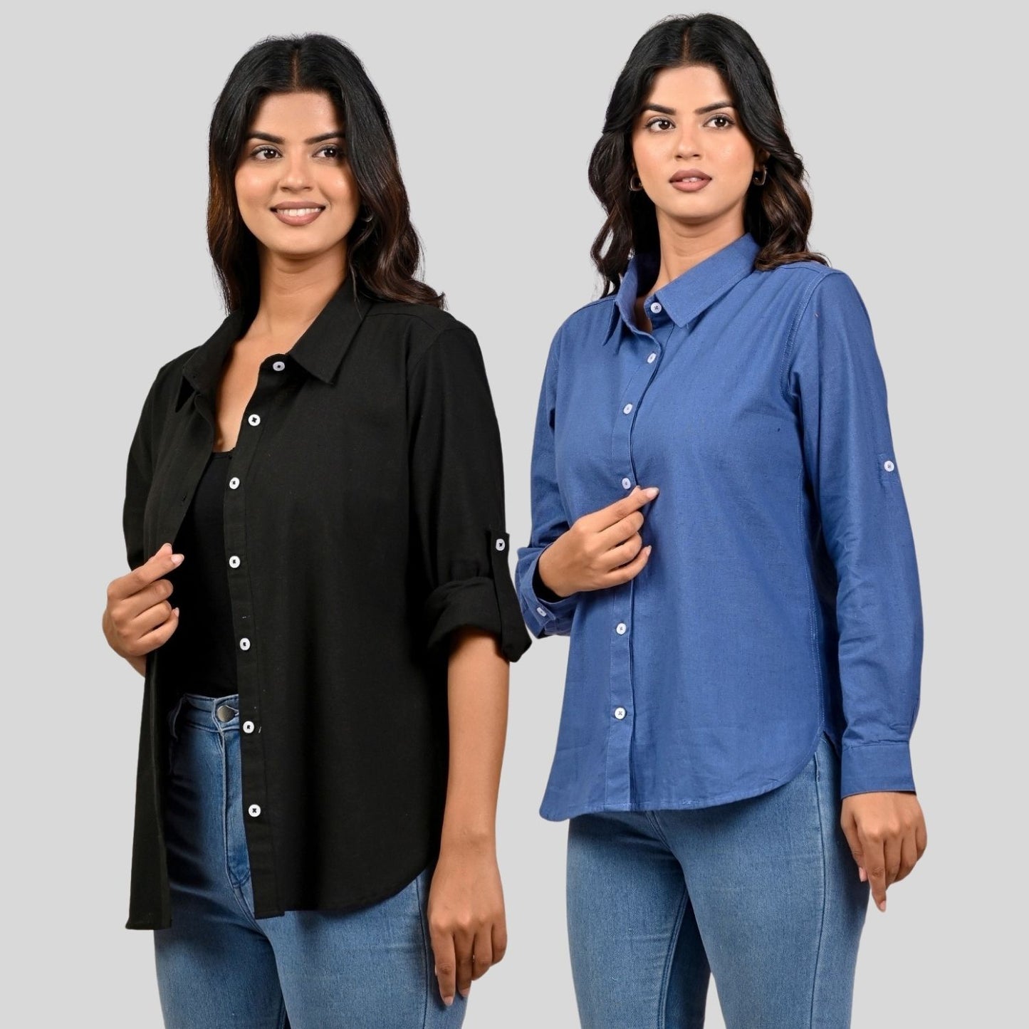 Women Black And Teal Blue Solid Airy Linen Cotton Shirts Combo