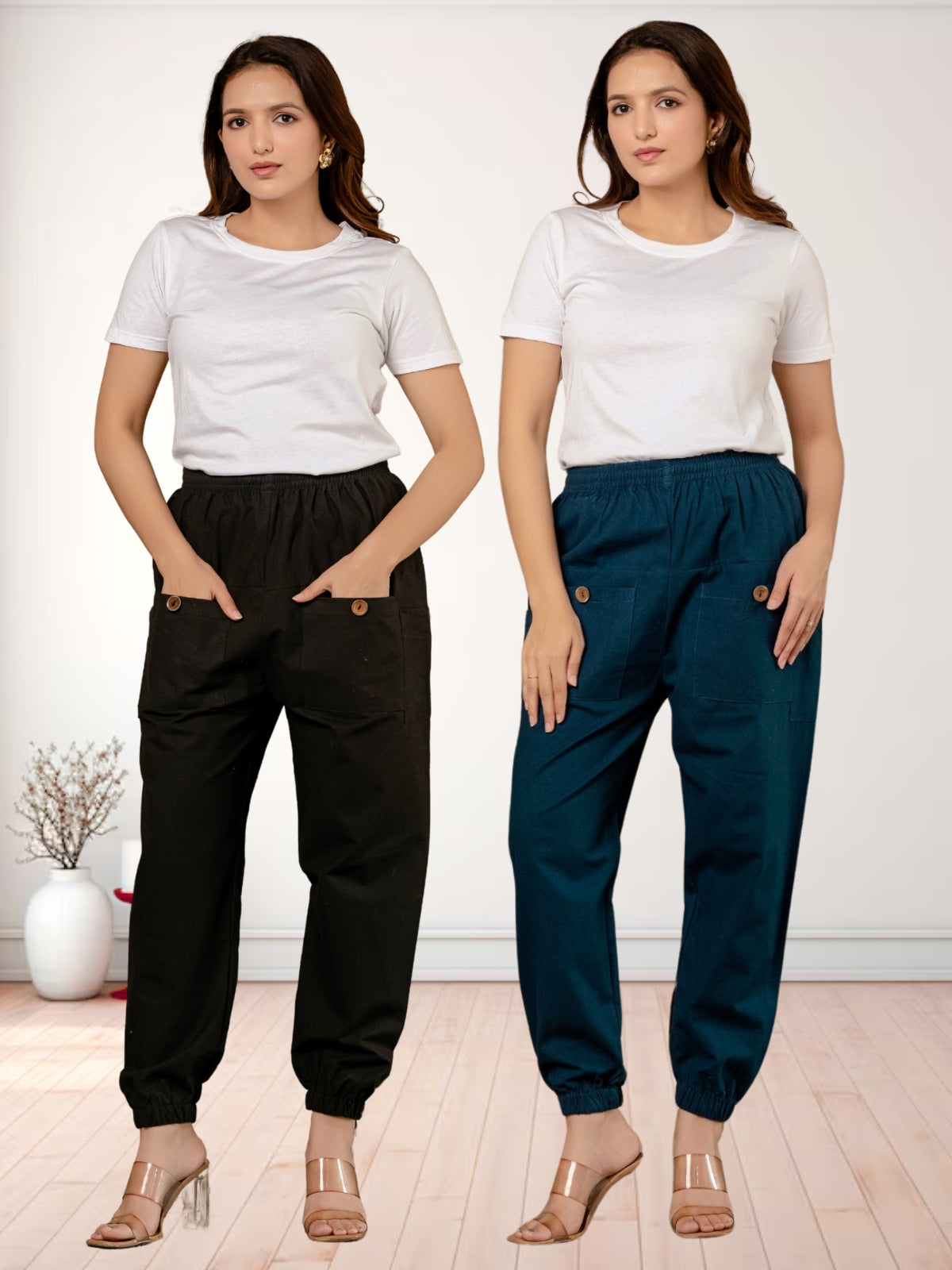 Combo Pack Of Womens Black And Teal Blue Four Pocket Cotton Cargo Pants