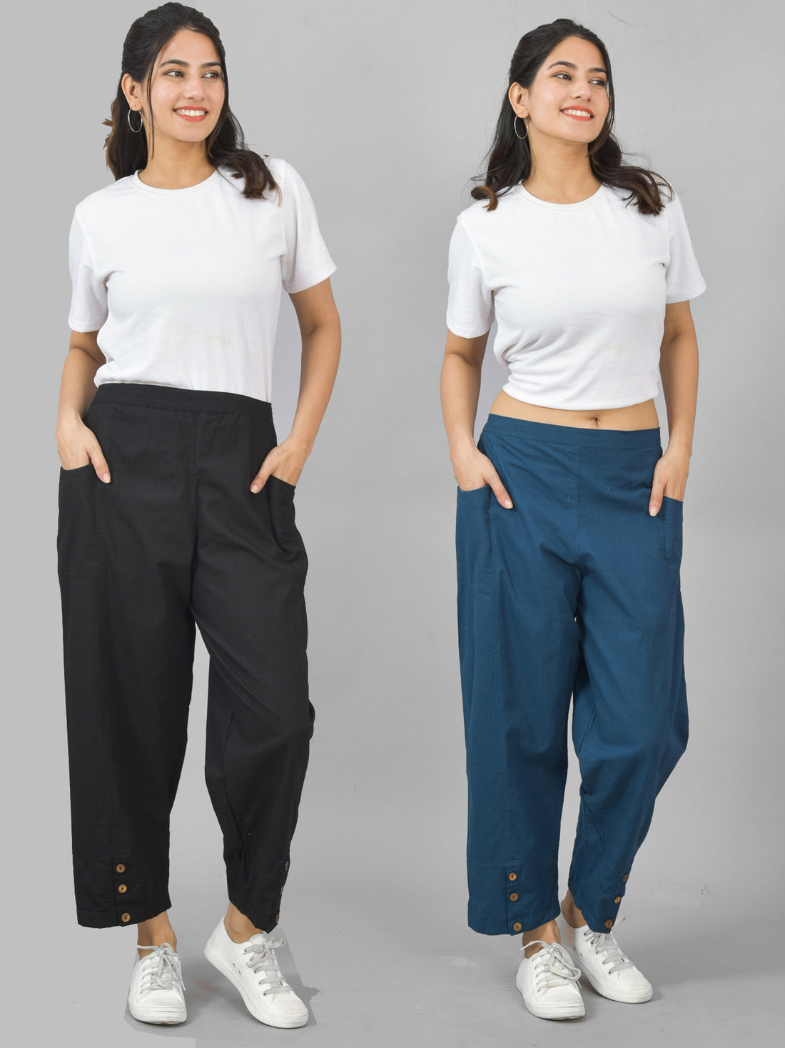 Combo Pack Of Womens Black And Teal Blue Side Pocket Straight Cargo Pants