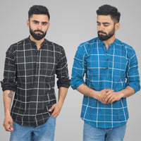 Pack Of 2 Mens Black And Teal Blue Wide Check Cotton Short Kurta Combo