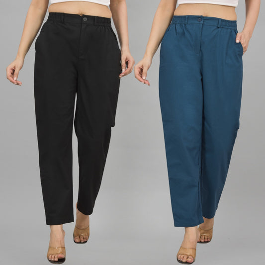 Combo Pack Of 2 Black And Teal Blue Womens Cotton Formal Pants