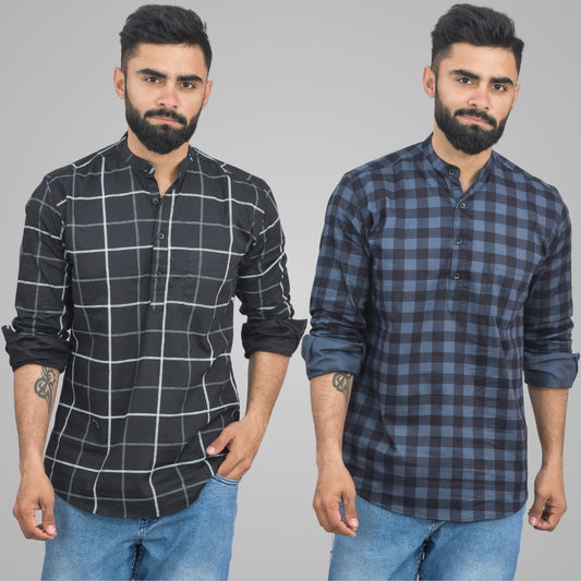 Pack Of 2 Mens Black Wide And Blue Check Cotton Short Kurta Combo