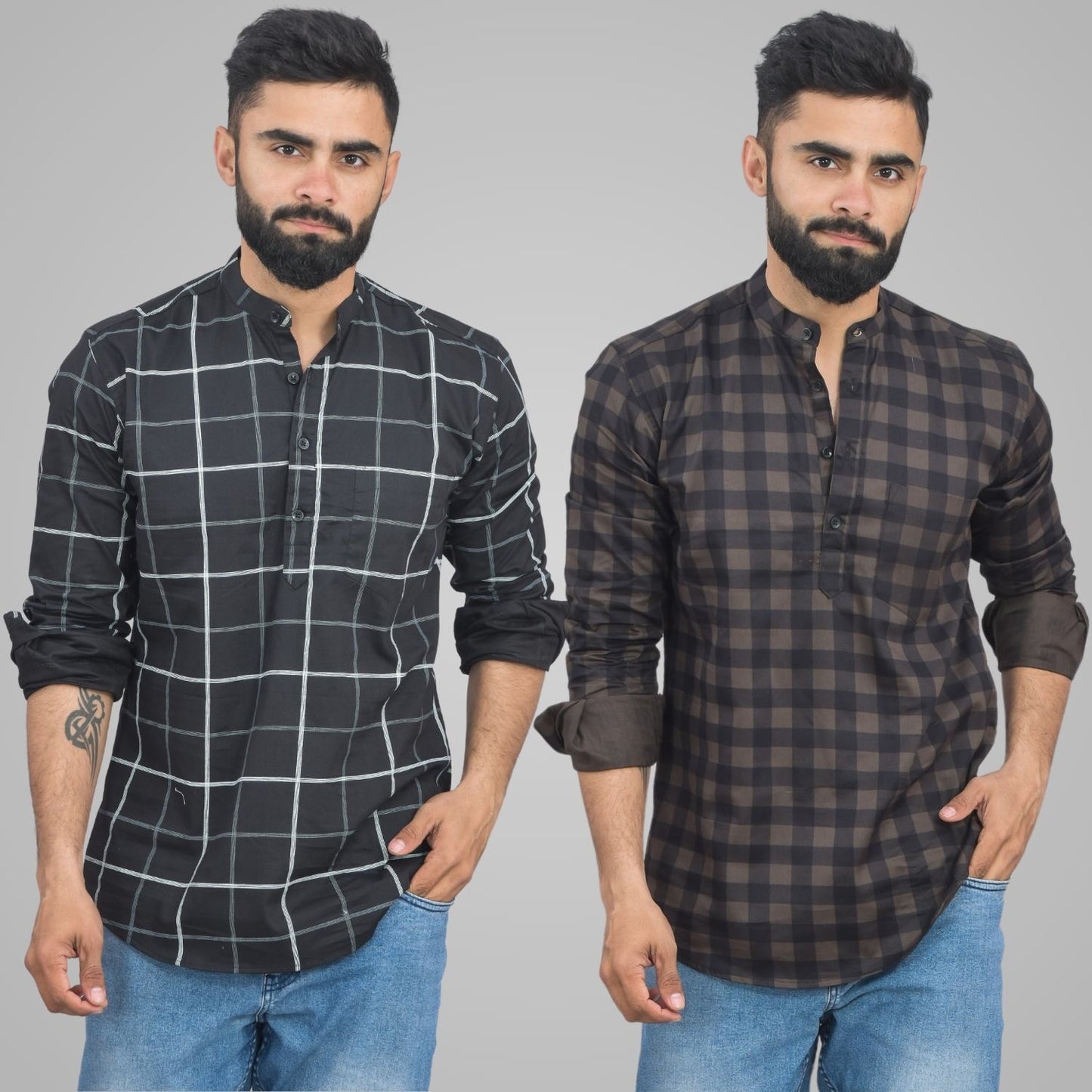 Pack Of 2 Mens Black Wide And Coffee Check Cotton Short Kurta Combo