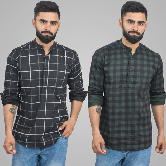 Pack Of 2 Mens Black Wide And Green Check Cotton Short Kurta Combo