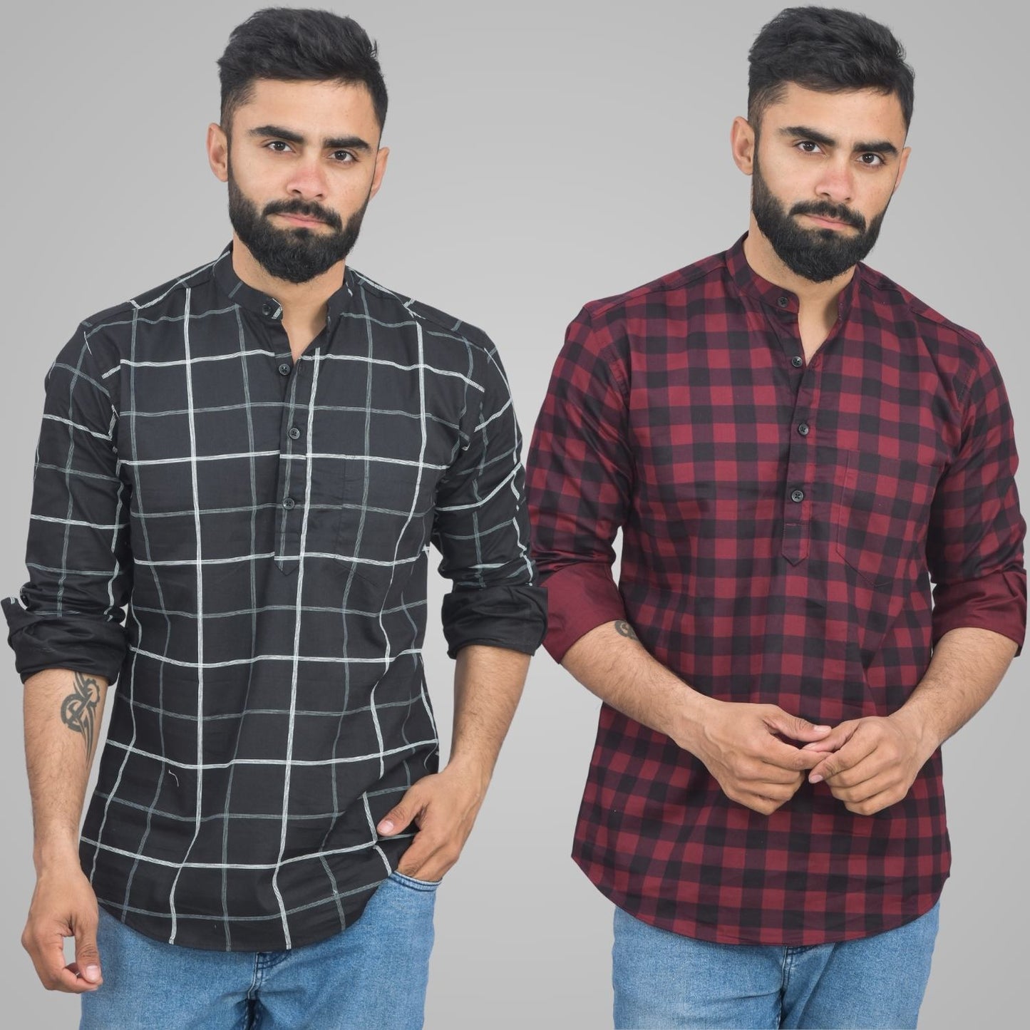 Pack Of 2 Mens Black Wide And Wine Check Cotton Short Kurta Combo