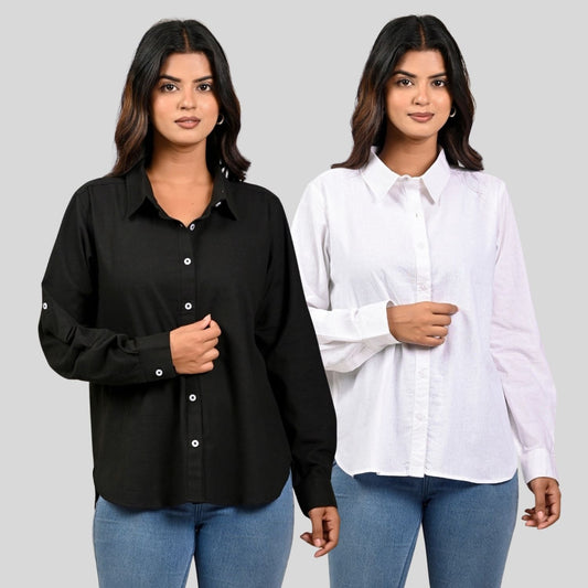 Women Black And White Solid Airy Linen Cotton Shirts Combo