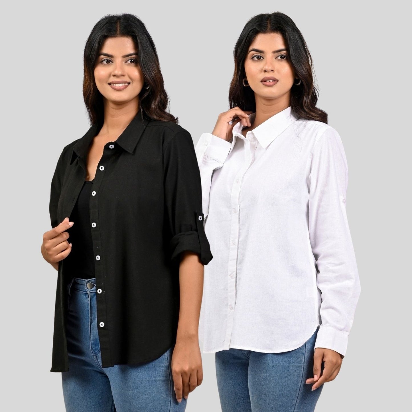 Women Black And White Solid Airy Linen Cotton Shirts Combo