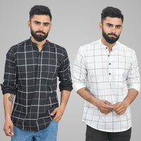 Pack Of 2 Mens Black And White Wide Check Cotton Short Kurta Combo
