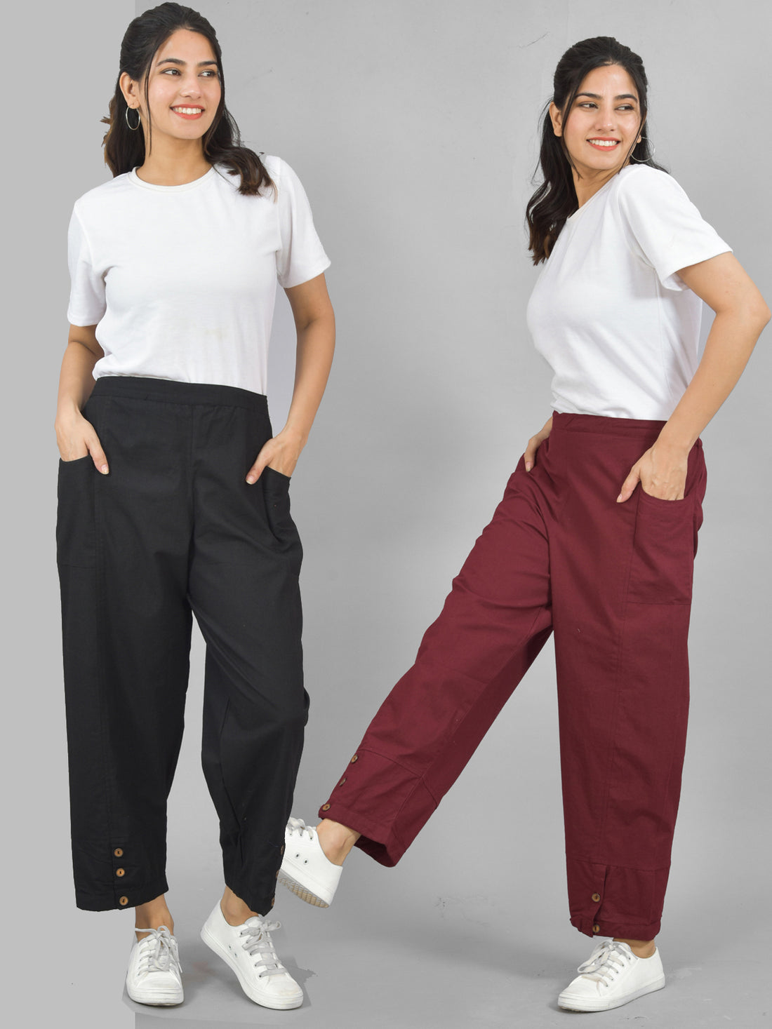 Combo Pack Of Womens Black And Wine Side Pocket Straight Cargo Pants