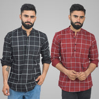 Pack Of 2 Mens Black And Wine Wide Check Cotton Short Kurta Combo