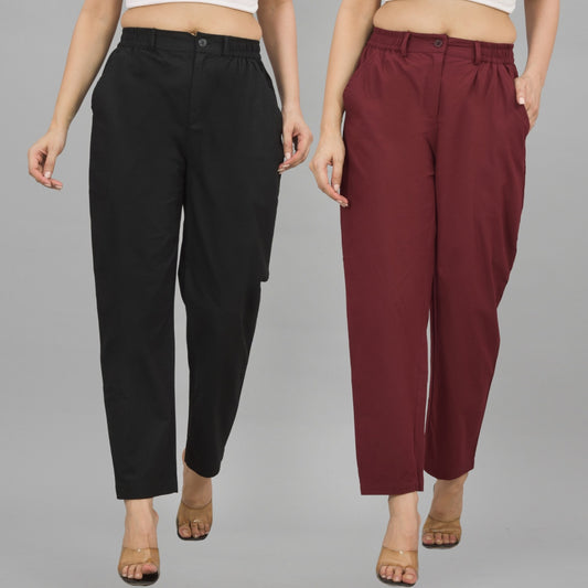 Combo Pack Of 2 Black And Wine Womens Cotton Formal Pants