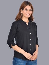 Womens Black Regular Fit Chinese Collar Rayon Shirt