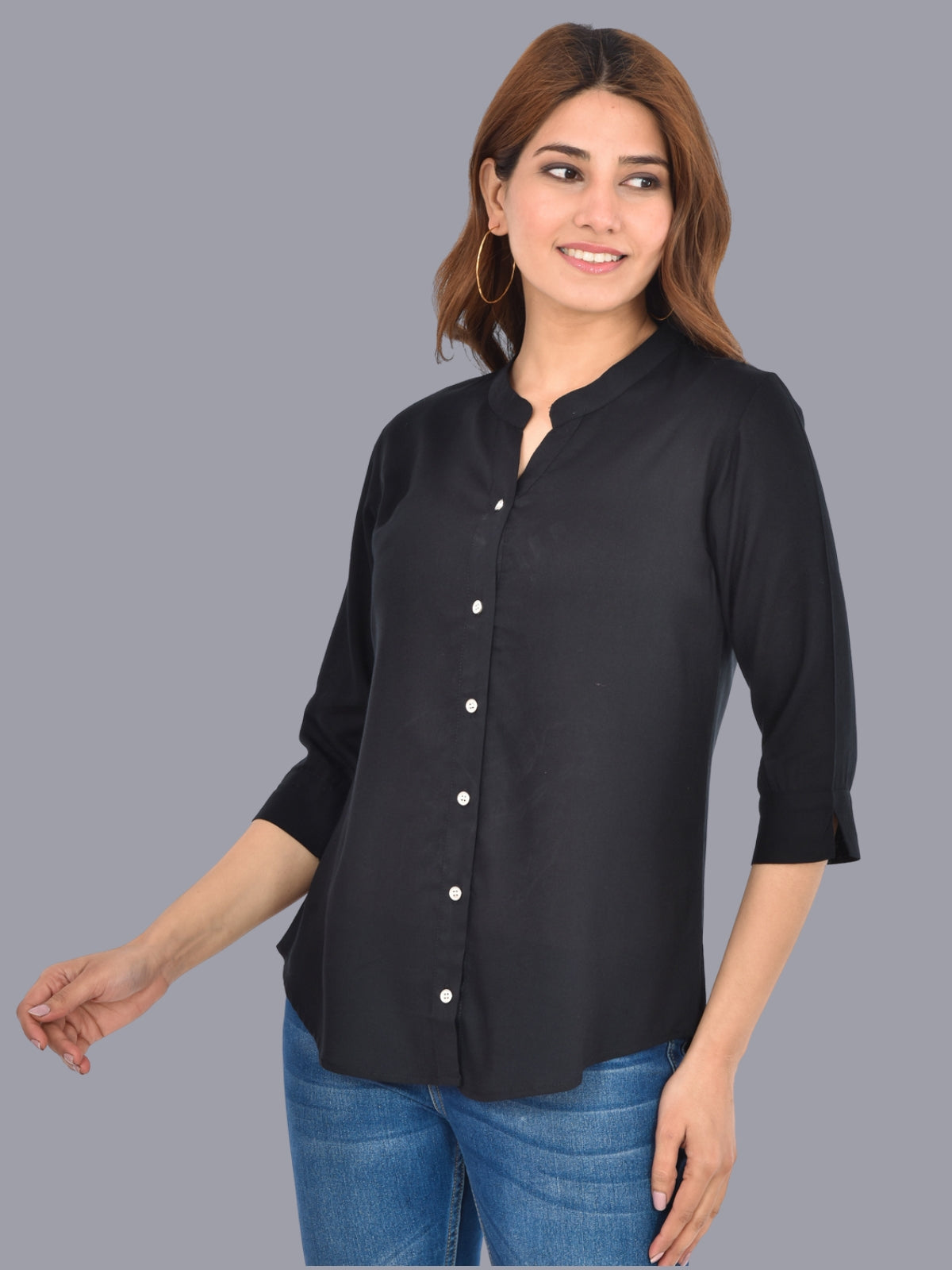 Womens Black Regular Fit Chinese Collar Rayon Shirt