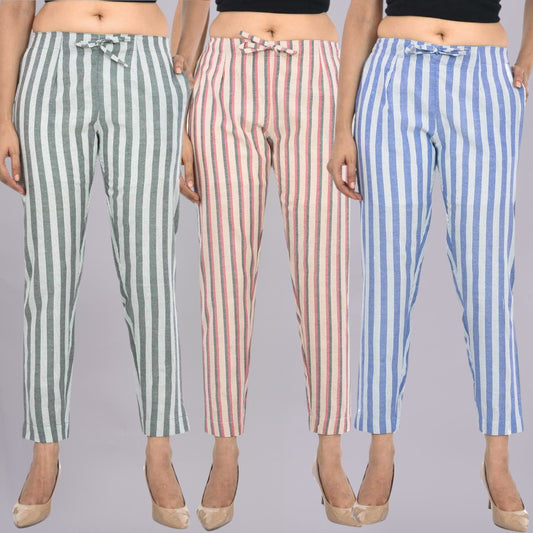 Pack Of 3 Womens Black, Maroon, Blue Cotton Broad Stripe Trouser Combo