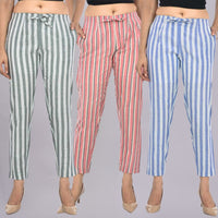 Pack Of 3 Womens Black, Red, Blue Cotton Broad Stripe Trouser Combo