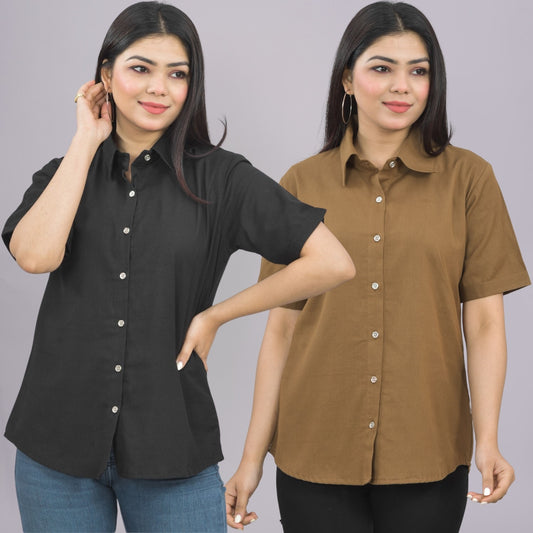 Pack Of 2 Womens Solid Black And Brown Half Sleeve Cotton Shirts Combo