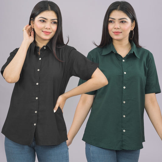 Pack Of 2 Womens Solid Black And Bottle Green Half Sleeve Cotton Shirts Combo