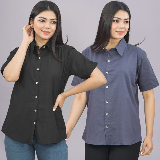 Pack Of 2 Womens Solid Black And Grey Half Sleeve Cotton Shirts Combo