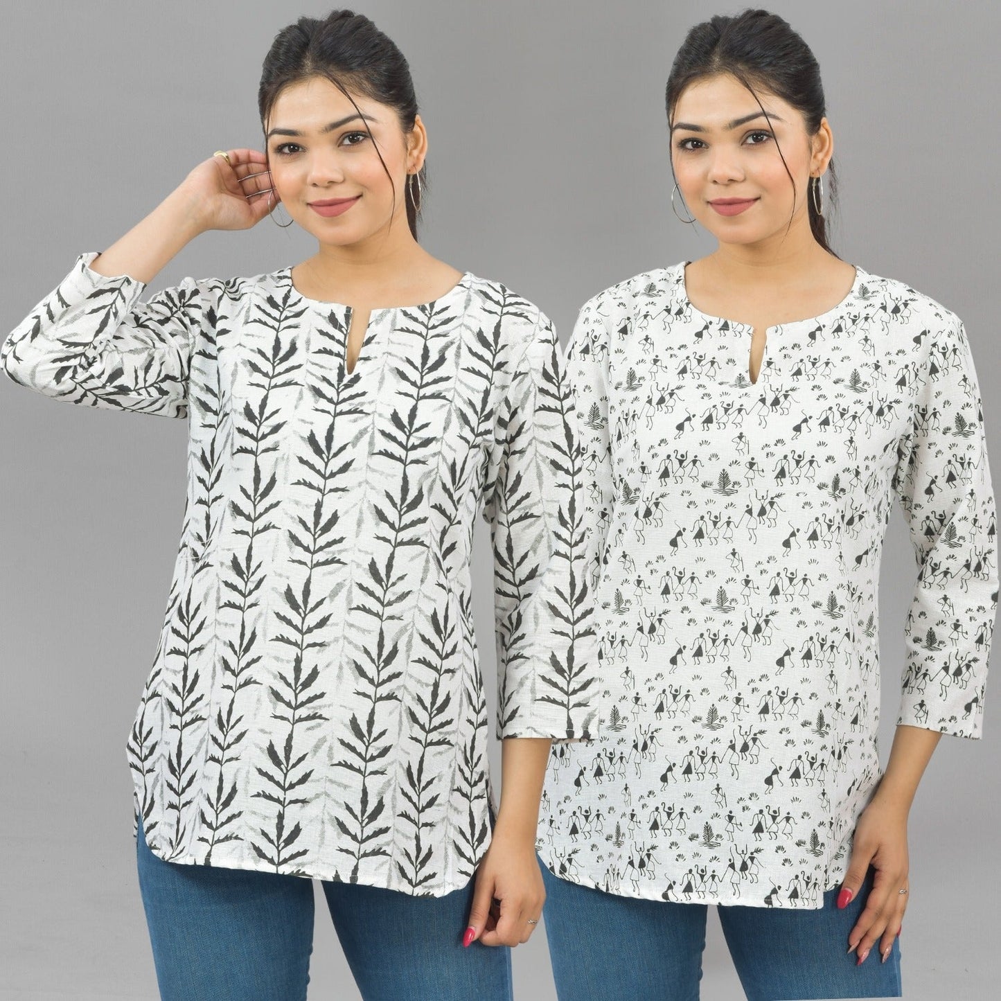 Pack Of 2 Womens Regular Fit Black Leaf And Black Vector Printed Tops Combo