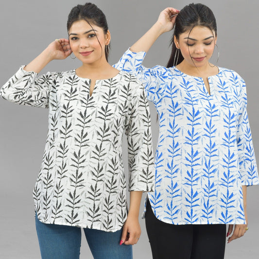 Pack Of 2 Womens Regular Fit Black Leaf And Blue Leaf Printed Tops Combo