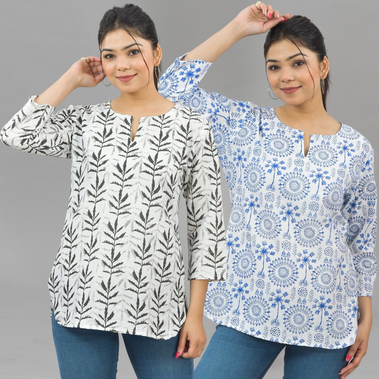 Pack Of 2 Womens Regular Fit Black Leaf And Blue Tribal Tops Combo