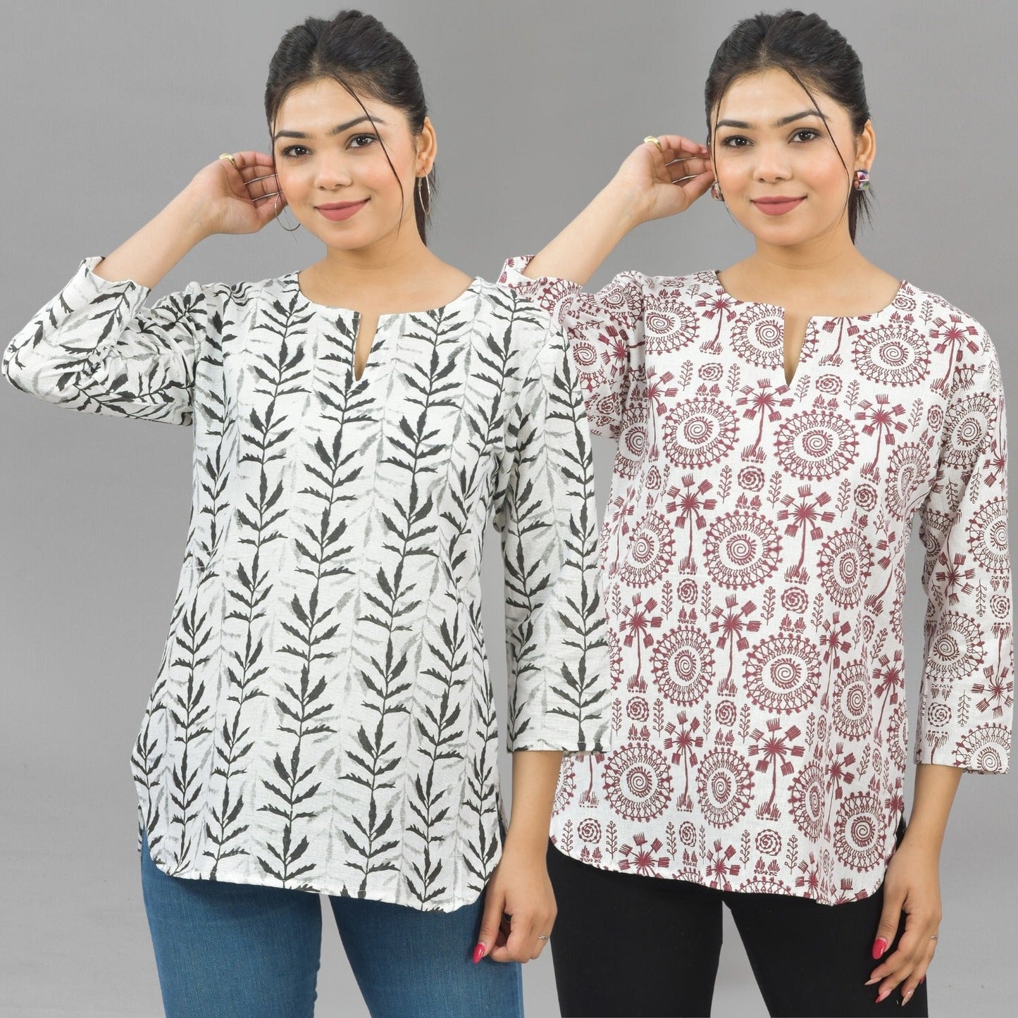 Pack Of 2 Womens Regular Fit Black Leaf And Maroon Tribal Printed Tops Combo