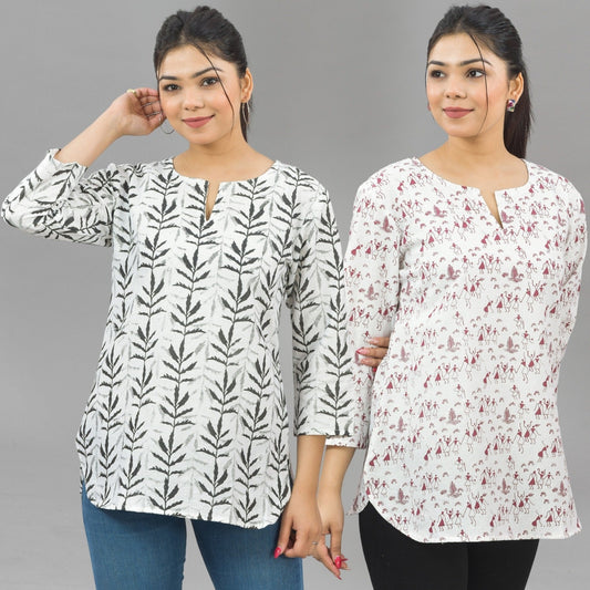 Pack Of 2 Womens Regular Fit Black Leaf And Maroon Vector Printed Tops Combo