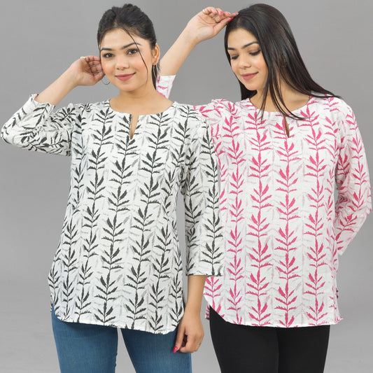 Pack Of 2 Womens Regular Fit Black Leaf And Pink Leaf Printed Tops Combo