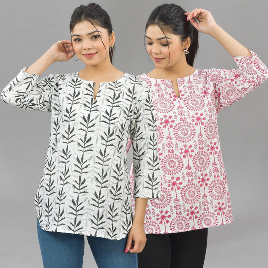 Pack Of 2 Womens Regular Fit Black Leaf And Pink Tribal Printed Tops Combo