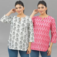 Pack Of 2 Womens Regular Fit Black Leaf And Pink Zig Zag Printed Tops Combo