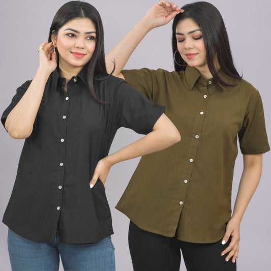 Pack Of 2 Womens Solid Black And Mehendi  Half Sleeve Cotton Shirts Combo