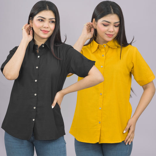 Pack Of 2 Womens Solid Black And Mustard Half Sleeve Cotton Shirts Combo