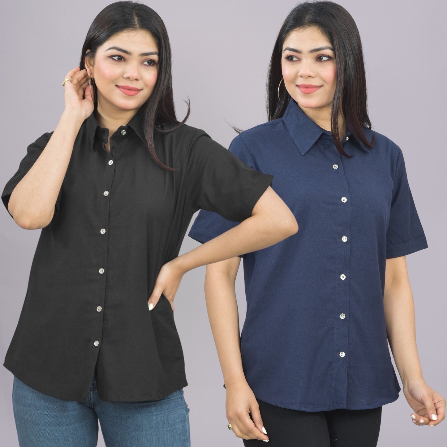 Pack Of 2 Womens Solid Black And Navy Blue Half Sleeve Cotton Shirts Combo