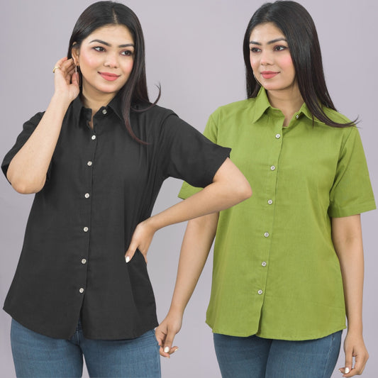 Pack Of 2 Womens Solid Black And Olive Green Half Sleeve Cotton Shirts Combo