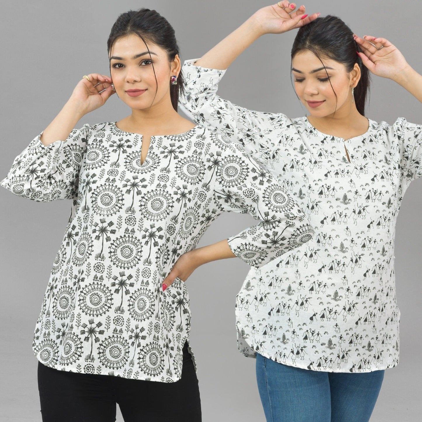 Pack Of 2 Womens Regular Fit Black Tribal And Black Vector Printed Tops Combo