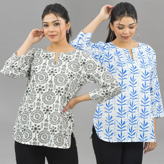 Pack Of 2 Womens Regular Fit Black Tribal And Blue Leaf Printed Tops Combo