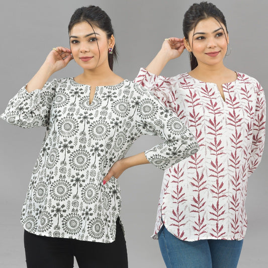 Pack Of 2 Womens Regular Fit Black Tribal And Maroon Leaf Printed Tops Combo