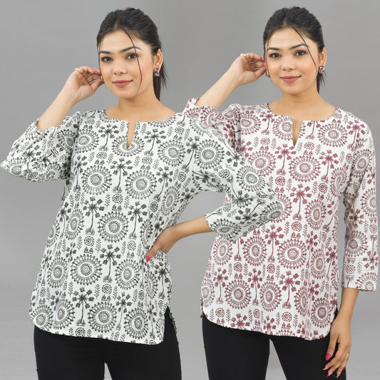 Pack Of 2 Womens Regular Fit Black Tribal And Maroon Tribal Printed Tops Combo