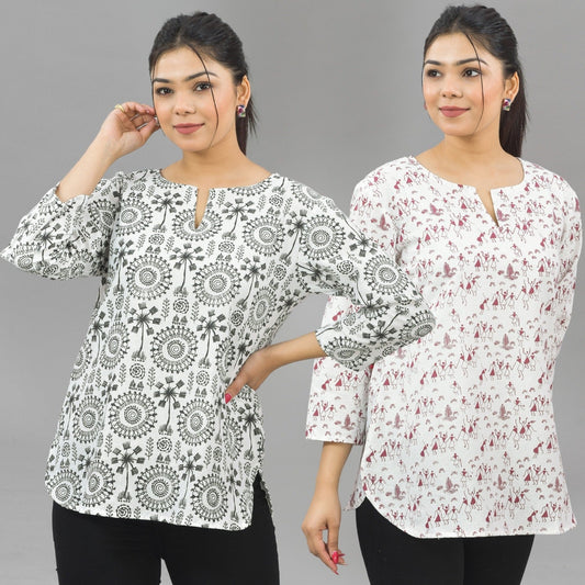 Pack Of 2 Womens Regular Fit Black Tribal And Maroon Vector Printed Tops Combo