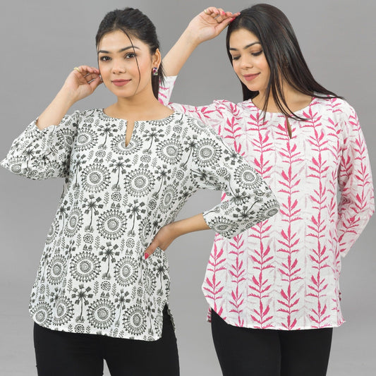 Pack Of 2 Womens Regular Fit Black Tribal And Pink Leaf Printed Tops Combo