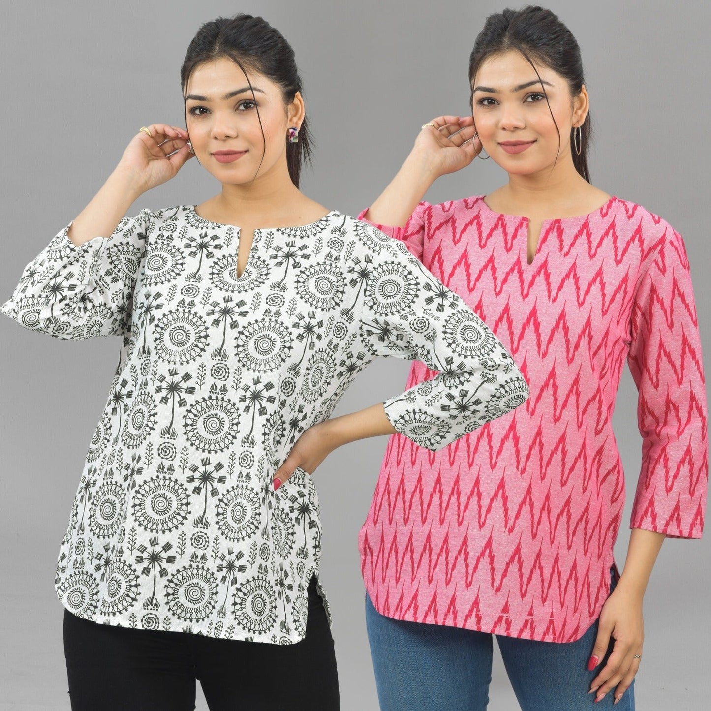 Pack Of 2 Womens Regular Fit Black Tribal And Pink Zig Zag Printed Tops Combo