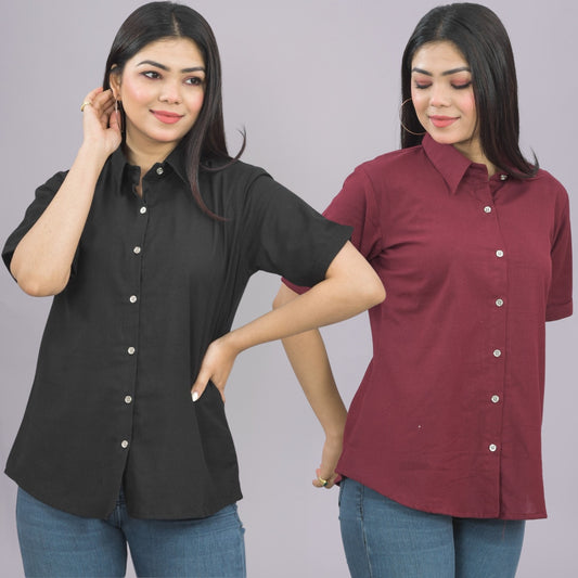 Pack Of 2 Womens Solid Black And Wine Half Sleeve Cotton Shirts Combo